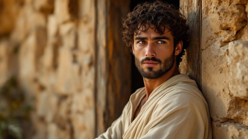 Portrait of Eli, late-twenties Mediterranean man with dark curly hair and a beard, leaning against an ancient doorway in golden afternoon light