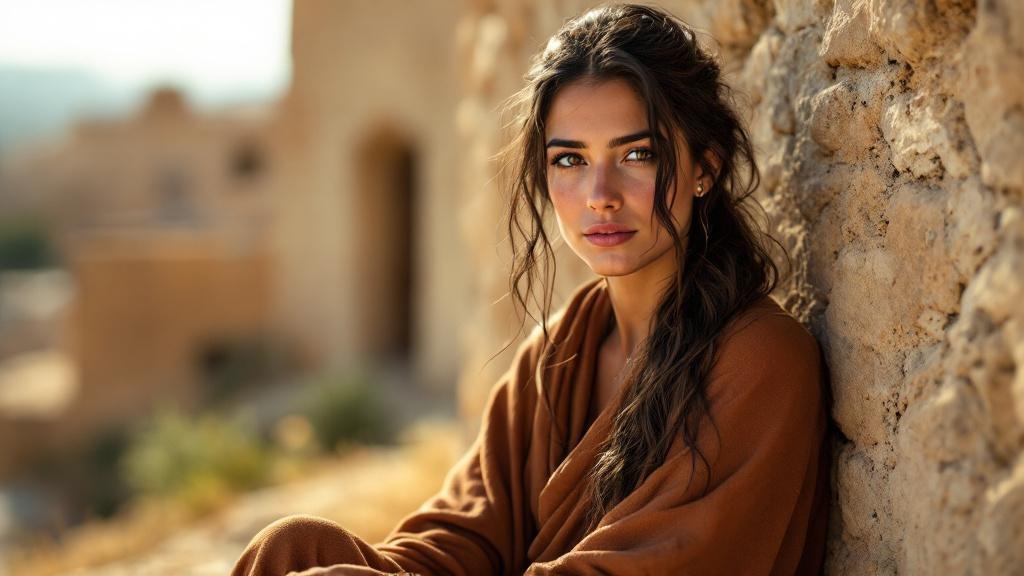 Portrait of Miriam, late-twenties Mediterranean woman with dark hair in a soft brown wrap, seated against weathered stone in golden afternoon light