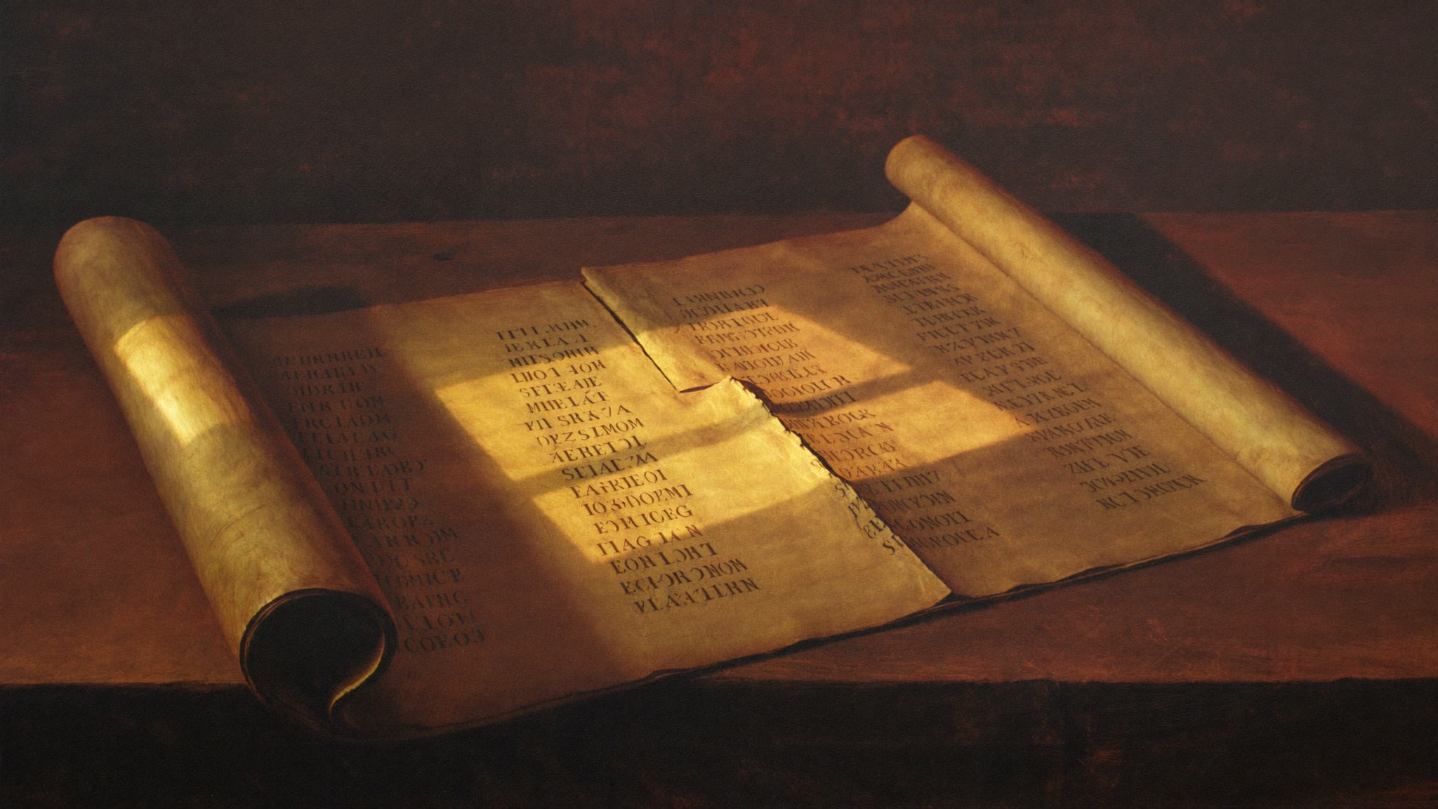 An old scroll with a long list of names lies open on a stone table, warm light falling across it.