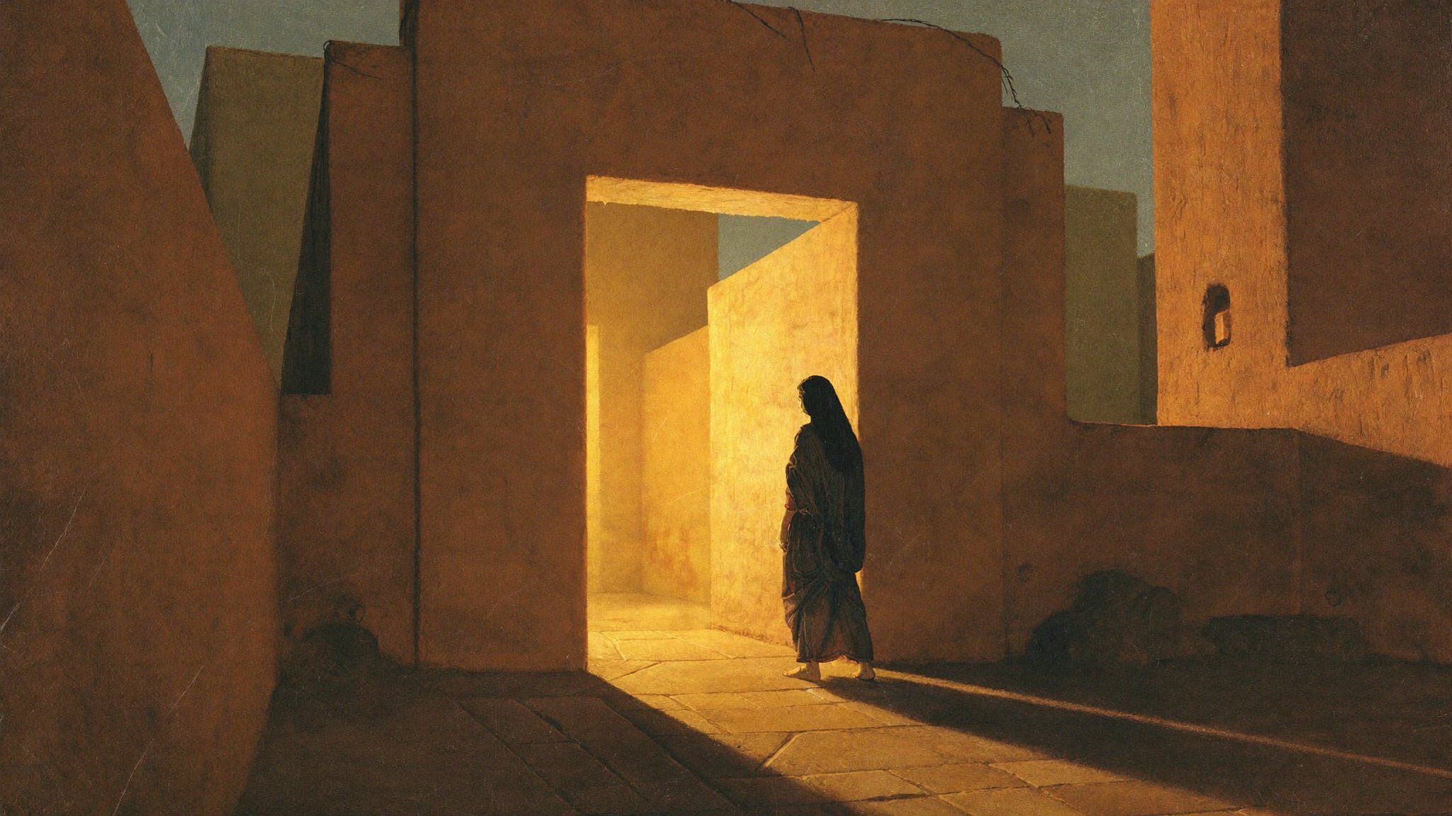 A woman in a worn travel robe stands before a stone gateway that is filled with warm light.