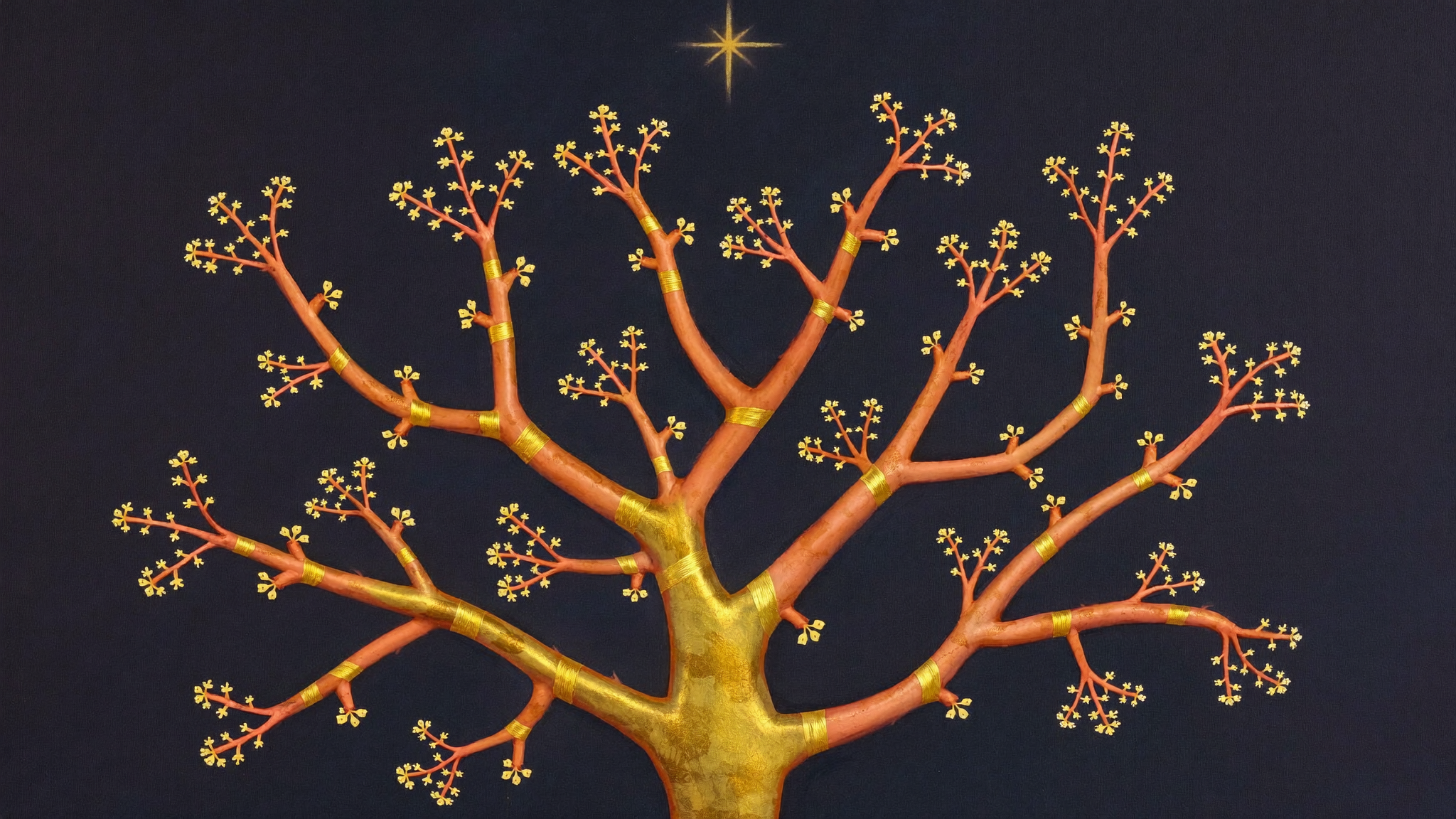 A golden tree with new branches joined into its trunk, every branch in bloom, a bright star above it.