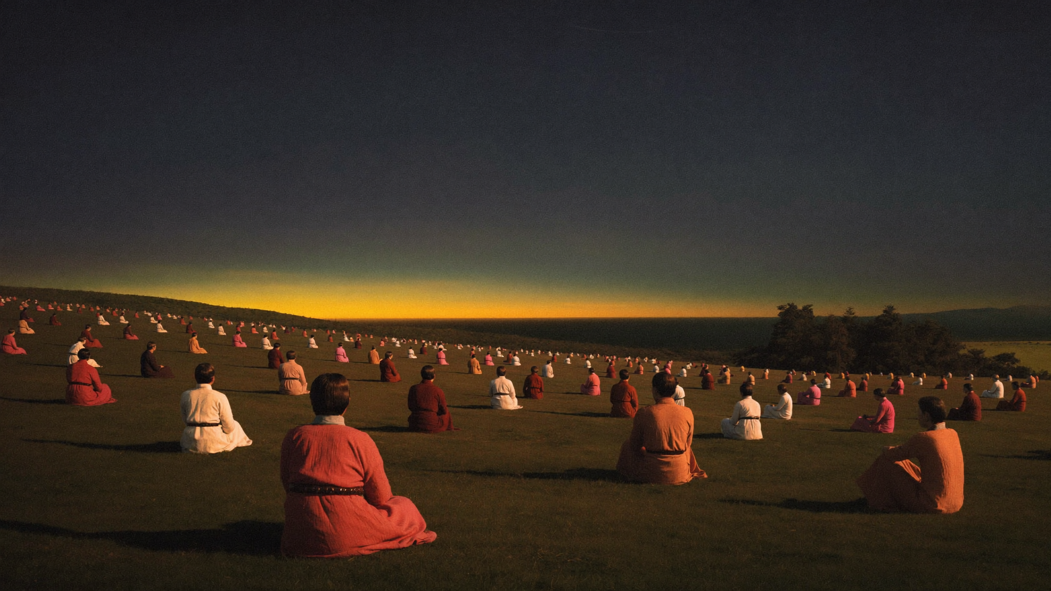 A boy's small basket of barley loaves and two fish glowing in golden evening light on a hillside, a vast dim crowd seated beyond