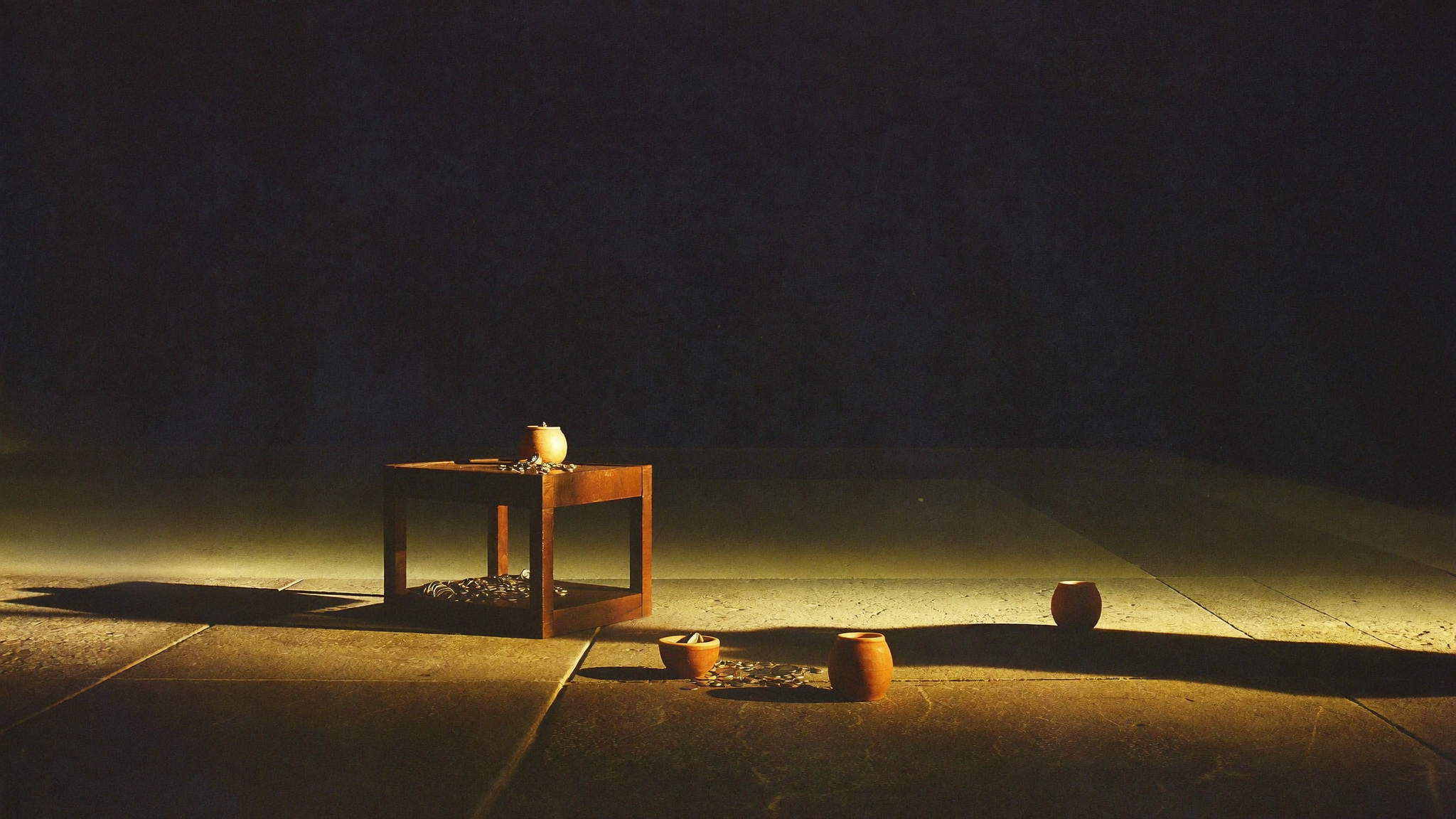 An overturned money-changer's table in a temple courtyard, coins scattered across sunlit stone, warm navy and gold light