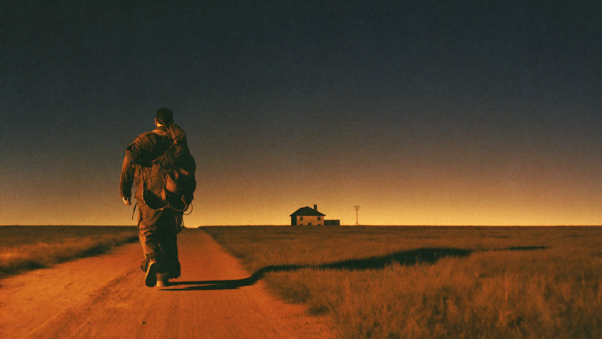 A father in flowing robes running across a golden field at sunset toward a distant ragged figure returning home, painted in dark navy and warm gold.