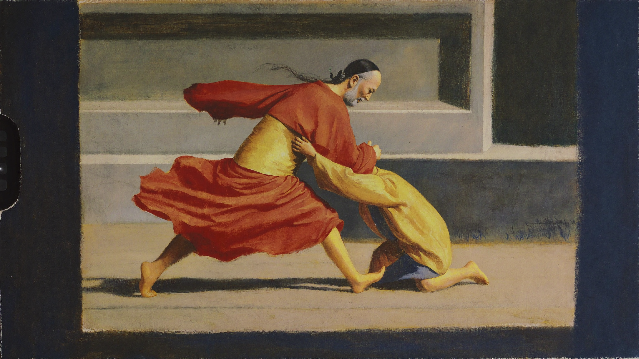 An older father in flowing robes embracing a kneeling ragged son in a courtyard, warm light