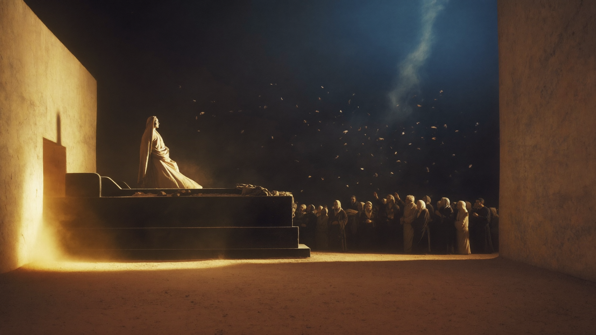 A wrapped figure stepping out of a dark tomb opening into bright light, crowd gasping
