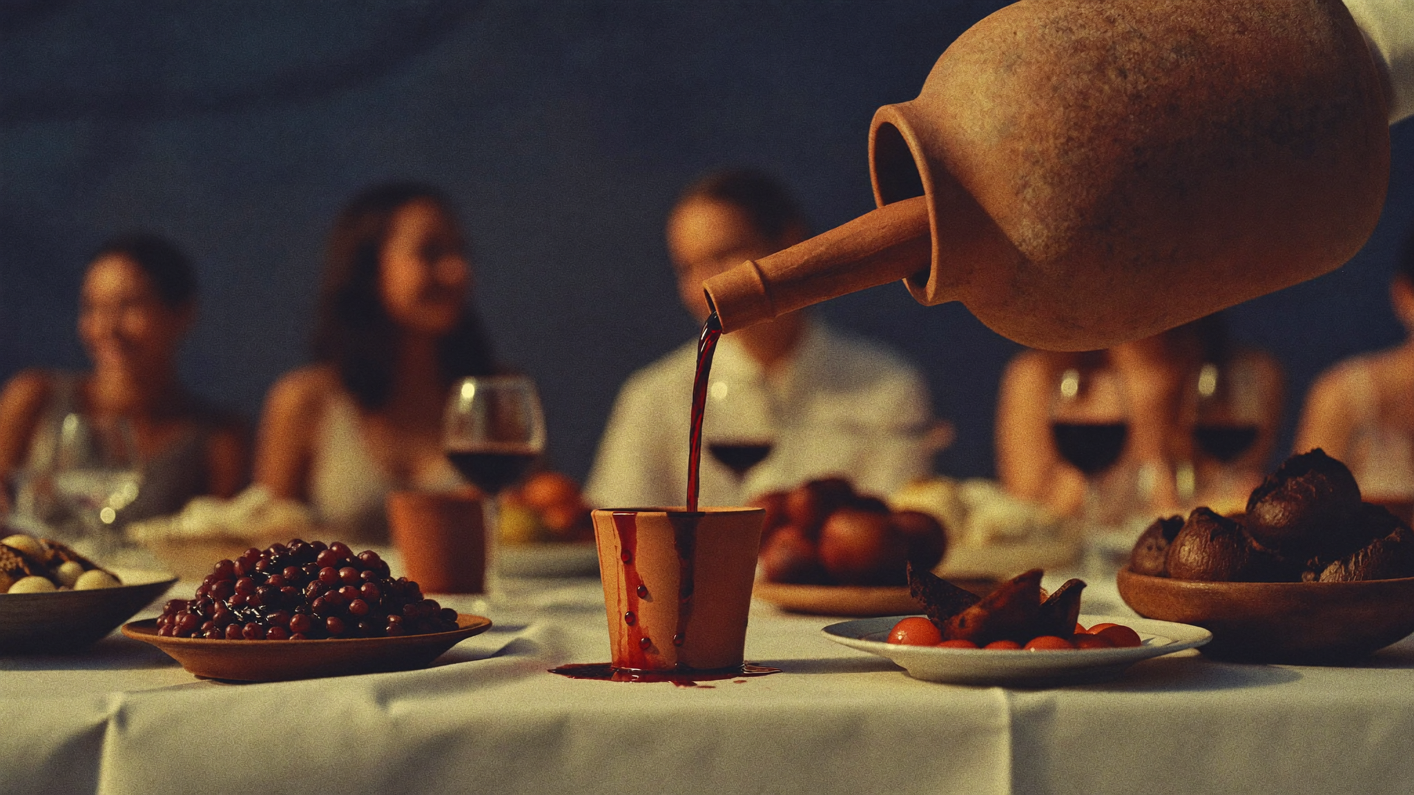 Deep red wine being poured from a stone jar into a cup at a warmly lit celebration, faces glowing in the light