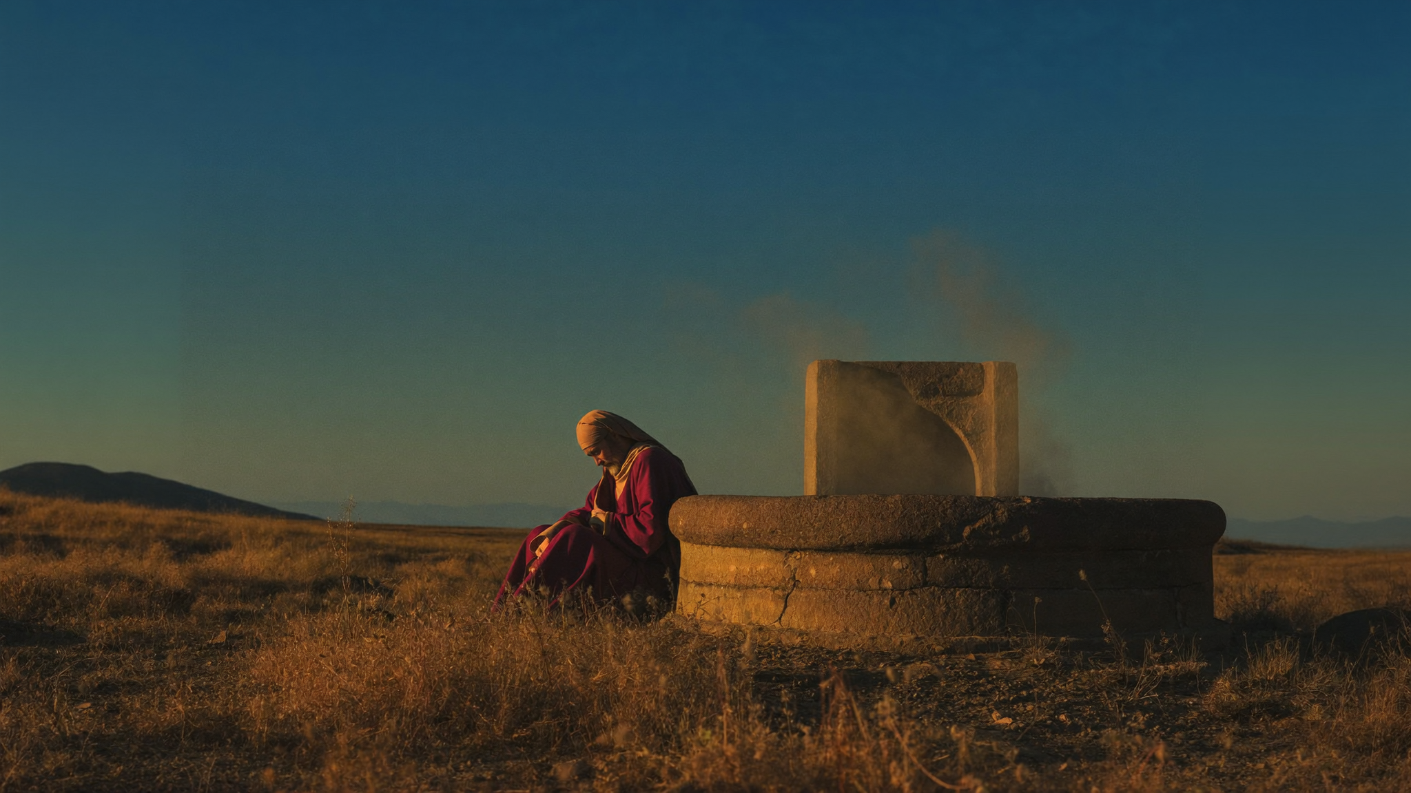 A lone traveler sits beside an ancient stone well in Samaria at golden hour, waiting to speak with a woman approaching to draw water.