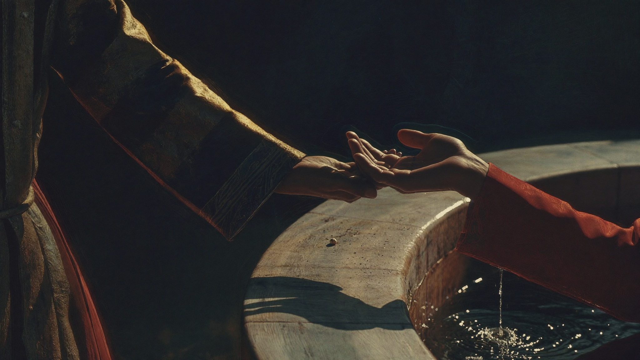 Two hands meeting over a well, one offering, one receiving, at golden hour