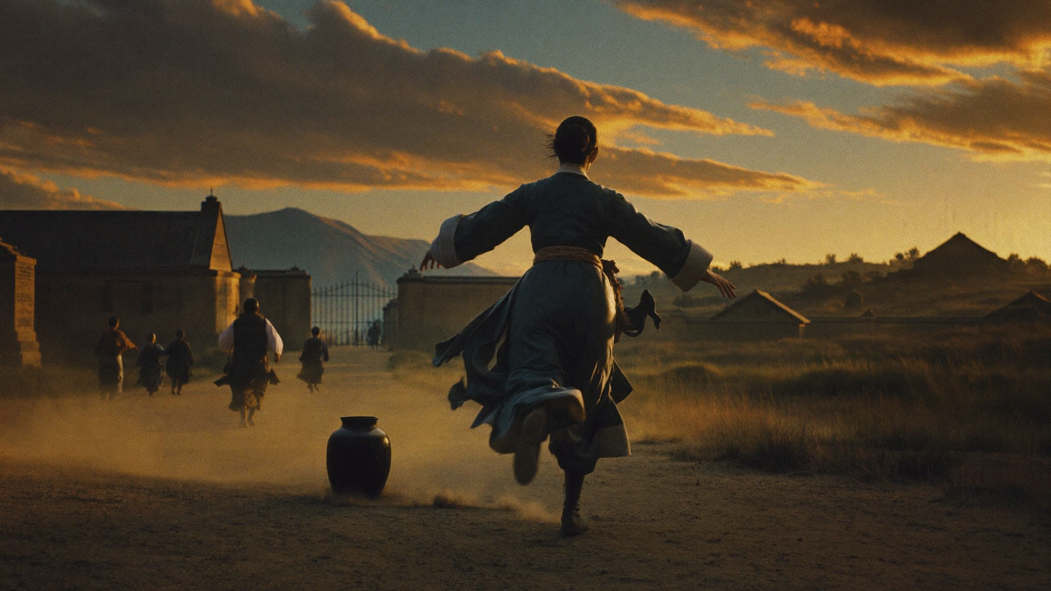 A woman hurrying toward a town gate as people begin to follow her out toward the well